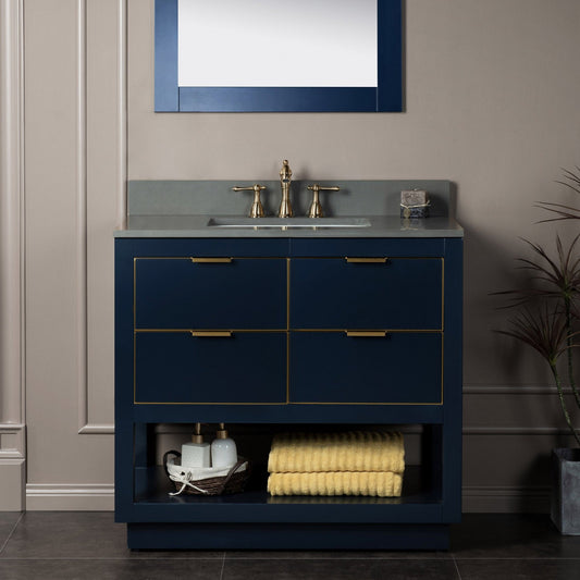 Woodbridge Venice 37" Navy Blue and Gold Trim Solid Wood Vanity Base and Dark Gray Engineered Stone Composite Top With 3 Pre-drilled Holes for 8" Widespread Faucet
