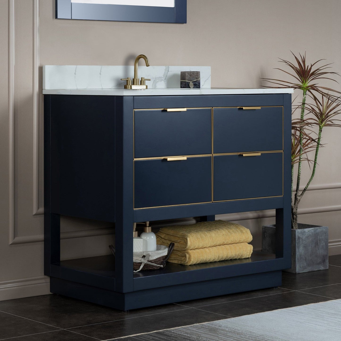 Woodbridge Venice 37" Navy Blue and Gold Trim Solid Wood Vanity Base and Fish Belly White Engineered Stone Composite Top With 3 Pre-Drilled Holes for 4" Centerset Faucet