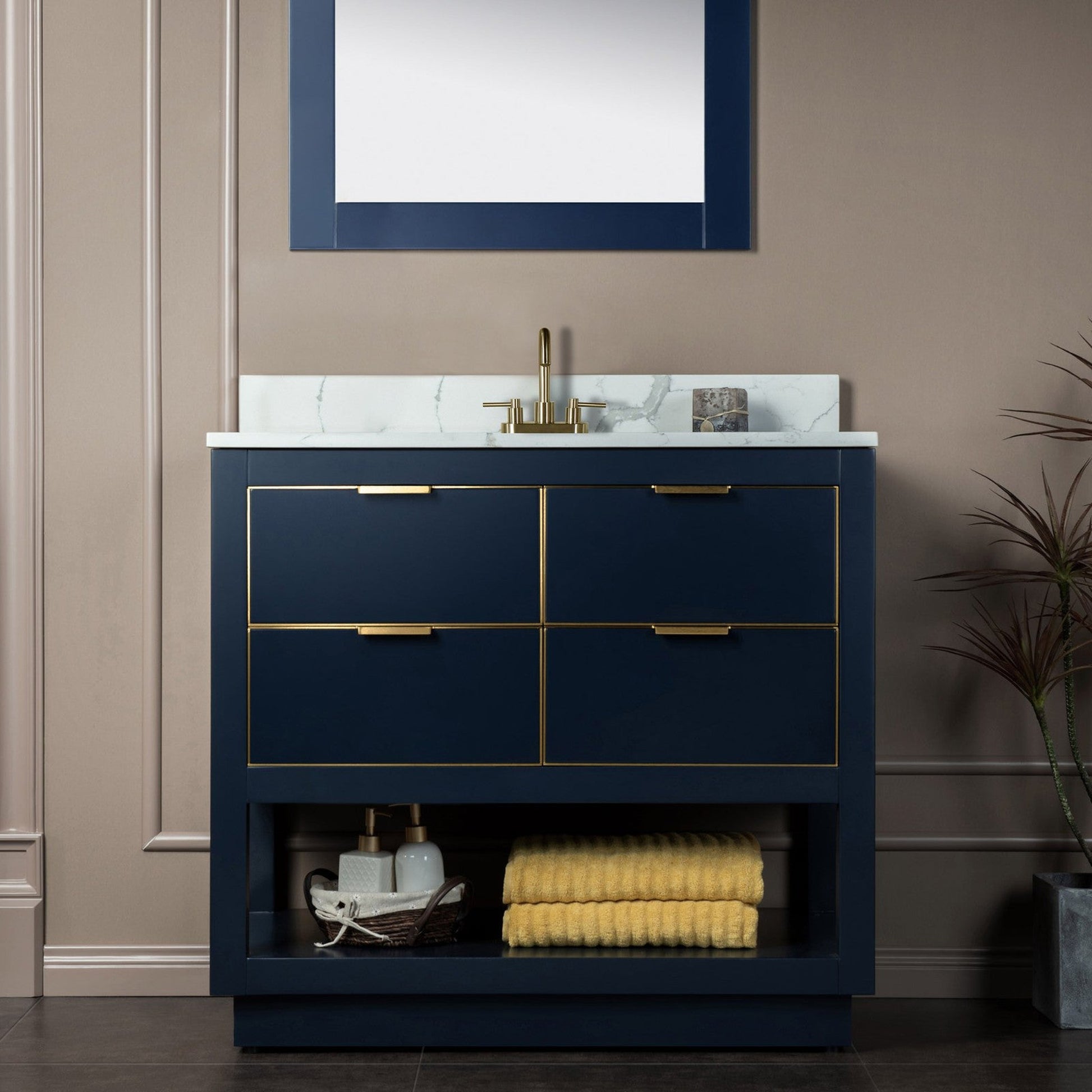 Woodbridge Venice 37" Navy Blue and Gold Trim Solid Wood Vanity Base and Fish Belly White Engineered Stone Composite Top With 3 Pre-Drilled Holes for 4" Centerset Faucet