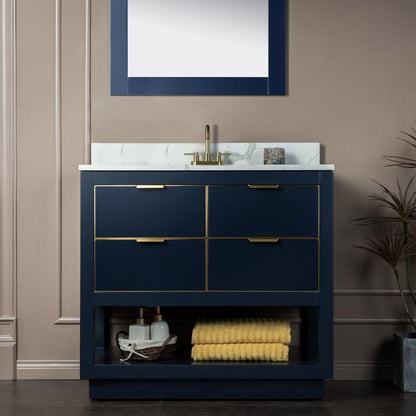 Woodbridge Venice 37" Navy Blue and Gold Trim Solid Wood Vanity Base and Fish Belly White Engineered Stone Composite Top With 3 Pre-Drilled Holes for 4" Centerset Faucet