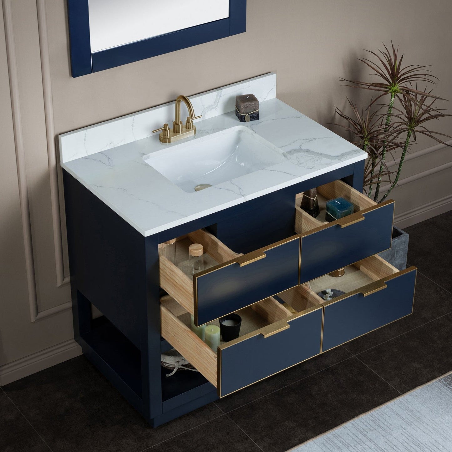 Woodbridge Venice 37" Navy Blue and Gold Trim Solid Wood Vanity Base and Fish Belly White Engineered Stone Composite Top With 3 Pre-Drilled Holes for 4" Centerset Faucet