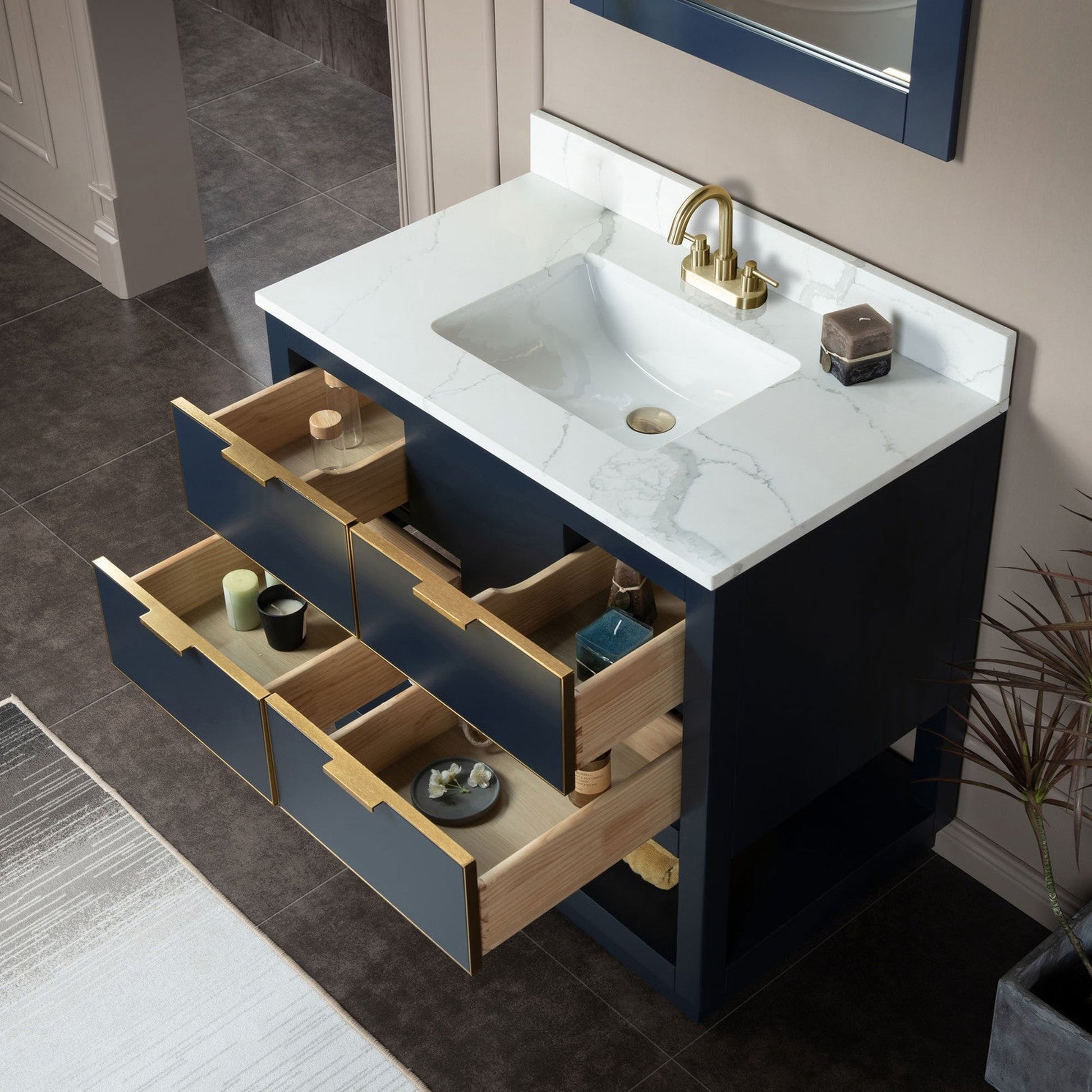 Woodbridge Venice 37" Navy Blue and Gold Trim Solid Wood Vanity Base and Fish Belly White Engineered Stone Composite Top With 3 Pre-Drilled Holes for 4" Centerset Faucet
