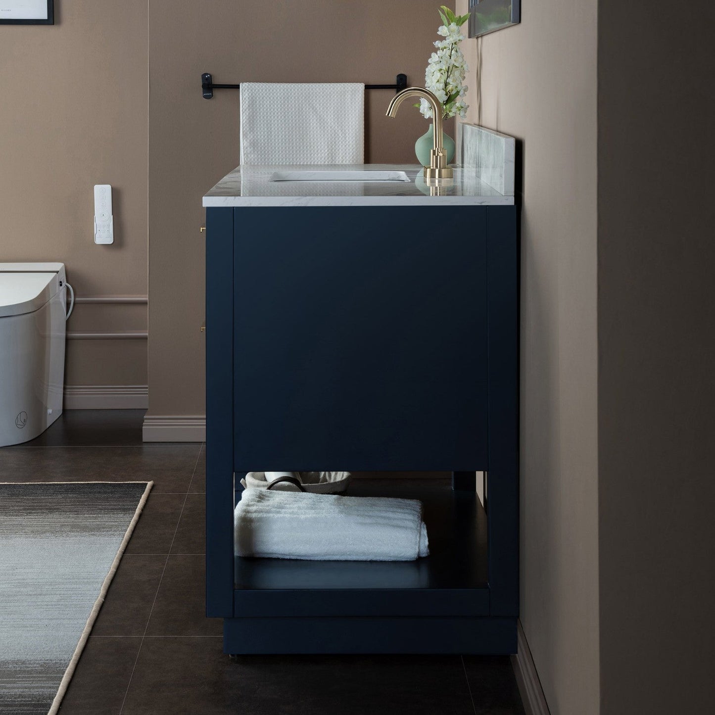 Woodbridge Venice 37" Navy Blue and Gold Trim Solid Wood Vanity Base and Fish Belly White Engineered Stone Composite Top With 3 Pre-Drilled Holes for 4" Centerset Faucet
