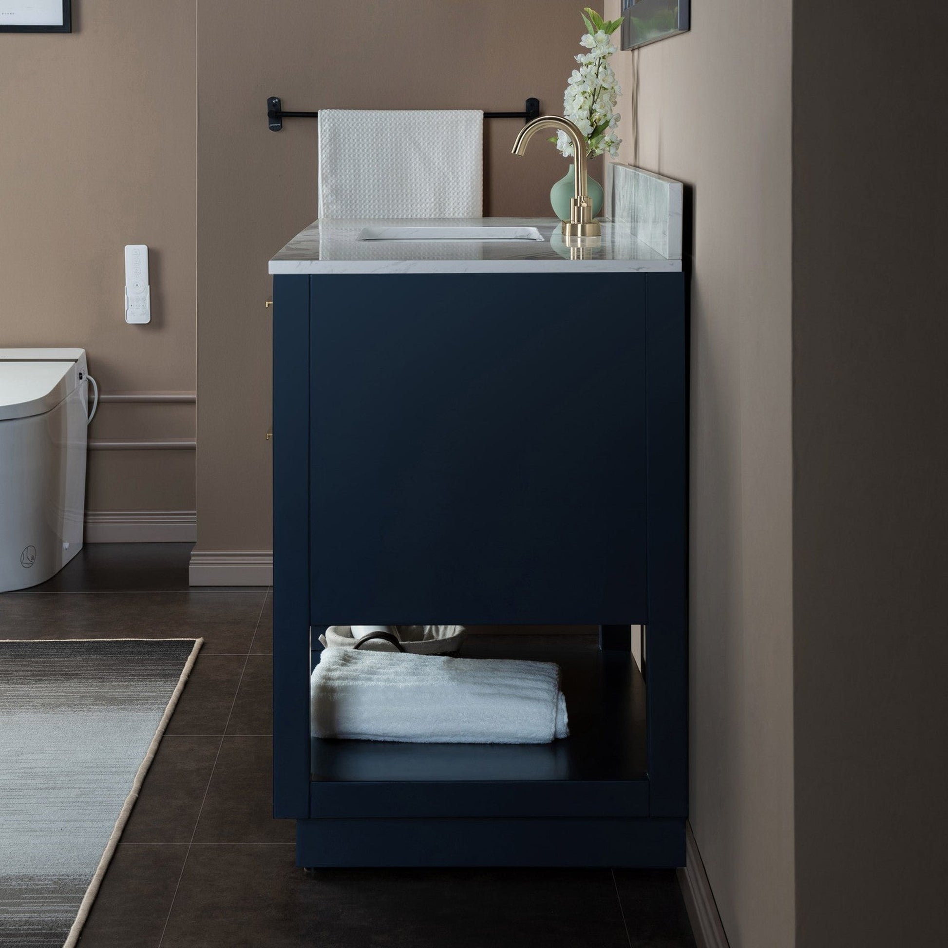 Woodbridge Venice 37" Navy Blue and Gold Trim Solid Wood Vanity Base and Fish Belly White Engineered Stone Composite Top With 3 Pre-Drilled Holes for 4" Centerset Faucet