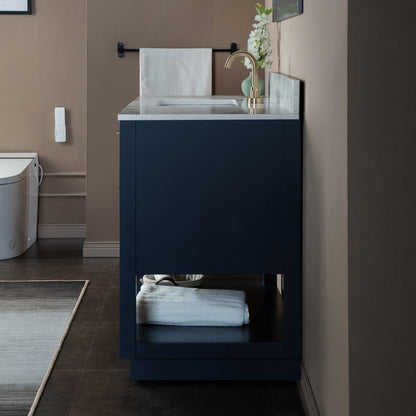 Woodbridge Venice 37" Navy Blue and Gold Trim Solid Wood Vanity Base and Fish Belly White Engineered Stone Composite Top With 3 Pre-Drilled Holes for 4" Centerset Faucet