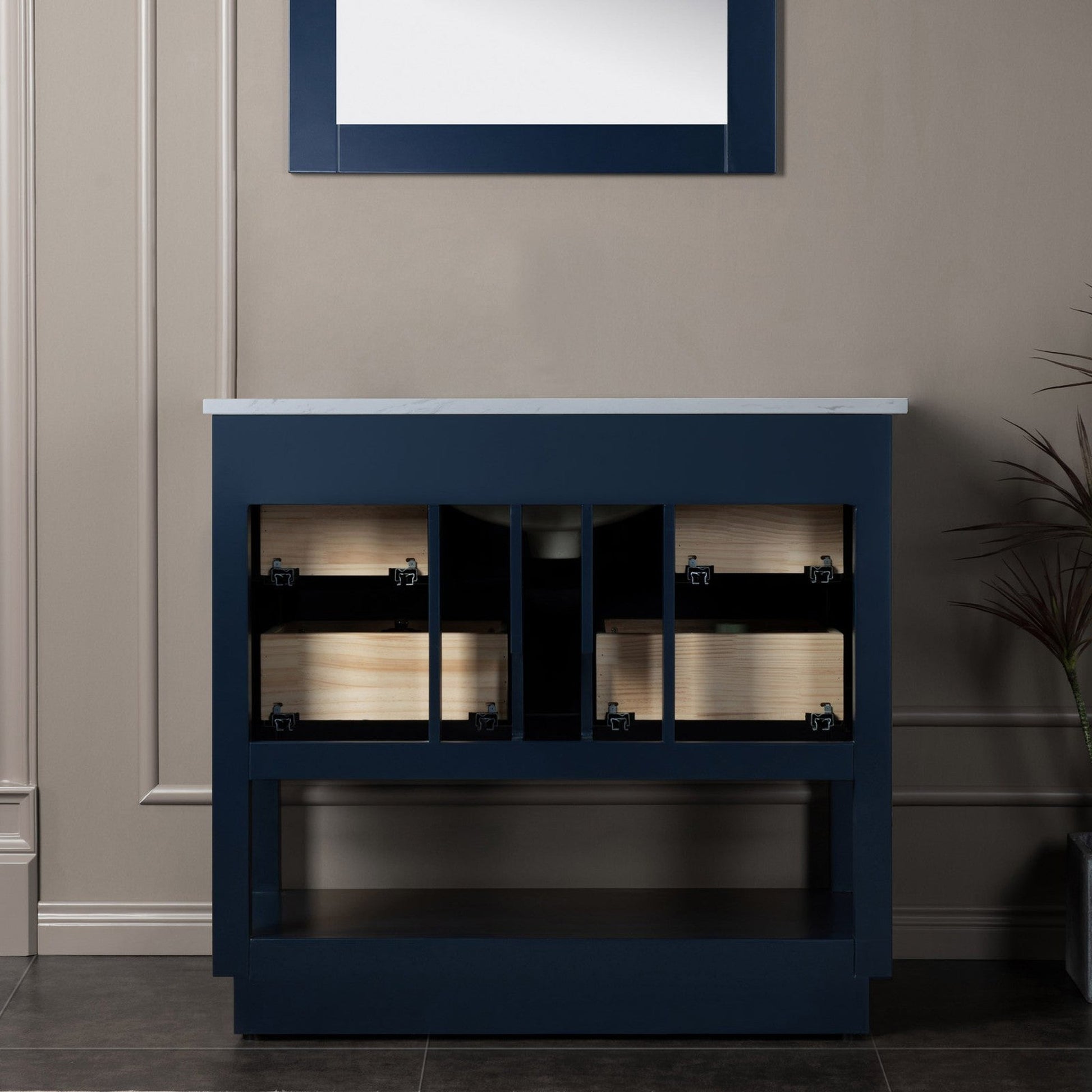Woodbridge Venice 37" Navy Blue and Gold Trim Solid Wood Vanity Base and Fish Belly White Engineered Stone Composite Top With 3 Pre-Drilled Holes for 4" Centerset Faucet