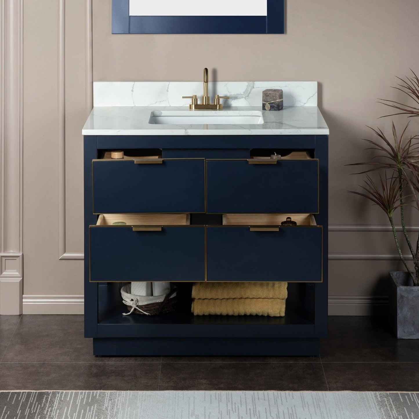Woodbridge Venice 37" Navy Blue and Gold Trim Solid Wood Vanity Base and Fish Belly White Engineered Stone Composite Top With 3 Pre-Drilled Holes for 4" Centerset Faucet