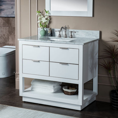 Woodbridge Venice 37" White and Brushed Nickel Solid Wood Vanity Base and Carrara Marble Top With 3 Pre-drilled Holes for 8" Widespread Faucet