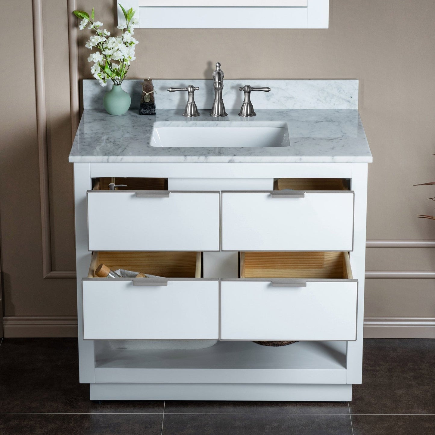 Woodbridge Venice 37" White and Brushed Nickel Solid Wood Vanity Base and Carrara Marble Top With 3 Pre-drilled Holes for 8" Widespread Faucet