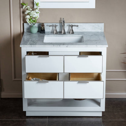Woodbridge Venice 37" White and Brushed Nickel Solid Wood Vanity Base and Carrara Marble Top With 3 Pre-drilled Holes for 8" Widespread Faucet