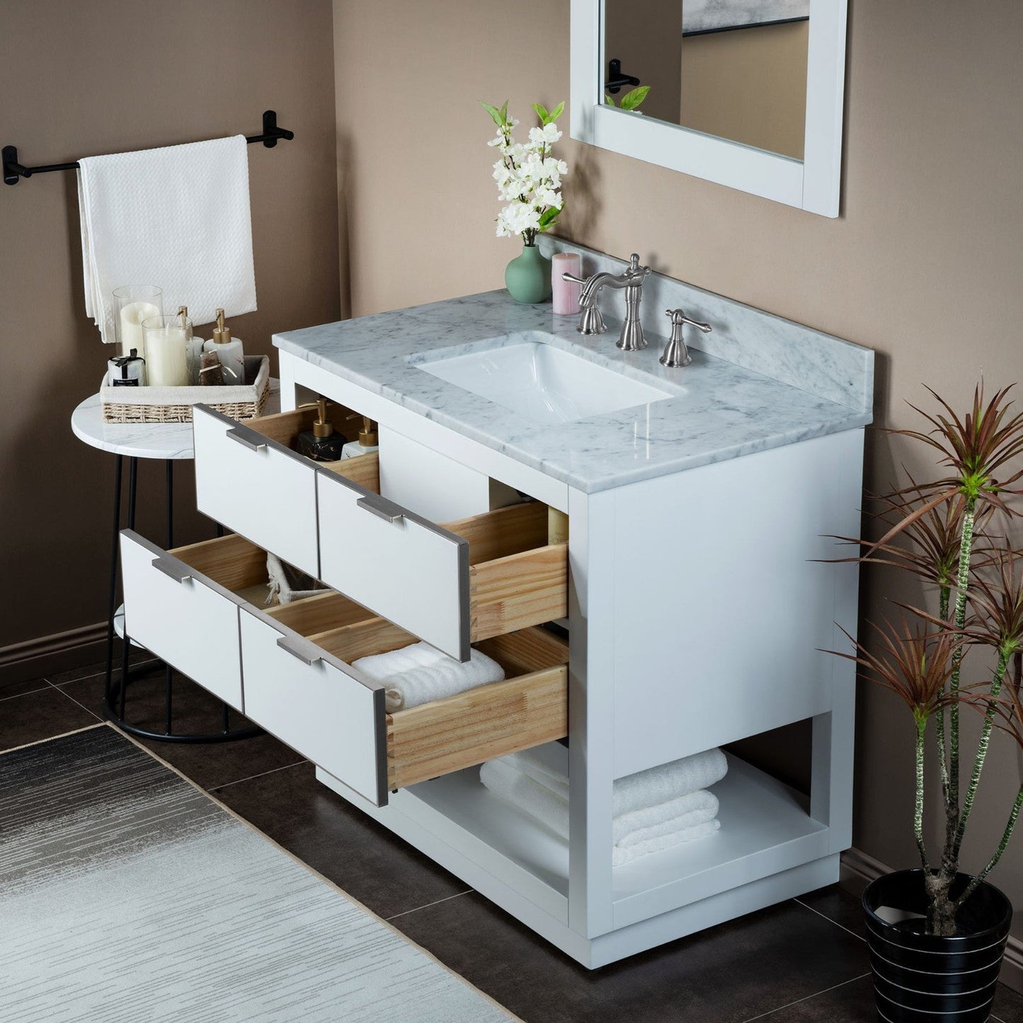 Woodbridge Venice 37" White and Brushed Nickel Solid Wood Vanity Base and Carrara Marble Top With 3 Pre-drilled Holes for 8" Widespread Faucet