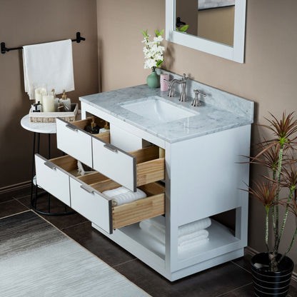 Woodbridge Venice 37" White and Brushed Nickel Solid Wood Vanity Base and Carrara Marble Top With 3 Pre-drilled Holes for 8" Widespread Faucet