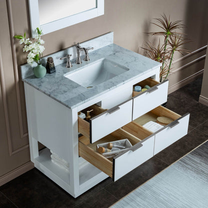 Woodbridge Venice 37" White and Brushed Nickel Solid Wood Vanity Base and Carrara Marble Top With 3 Pre-drilled Holes for 8" Widespread Faucet
