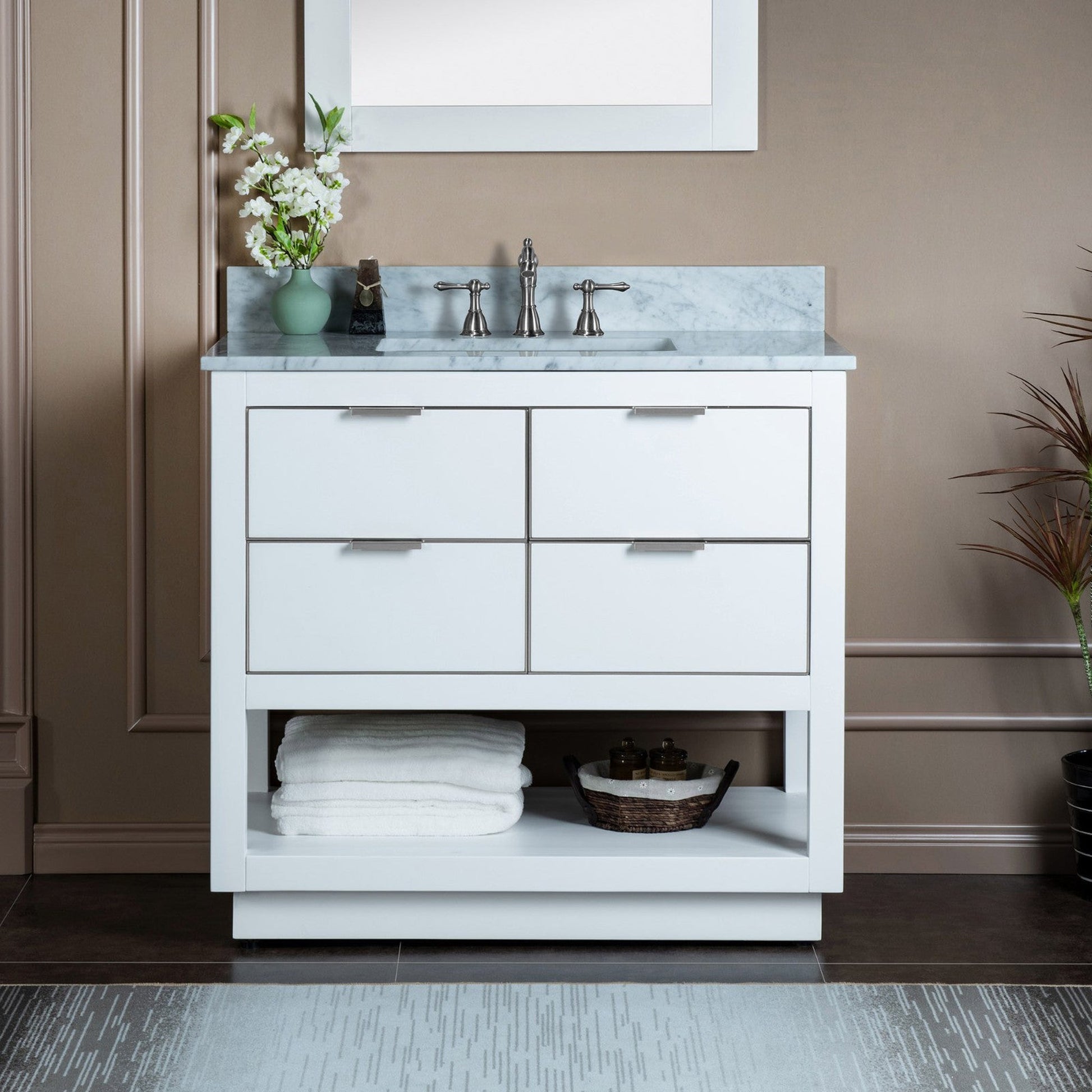 Woodbridge Venice 37" White and Brushed Nickel Solid Wood Vanity Base and Carrara Marble Top With 3 Pre-drilled Holes for 8" Widespread Faucet