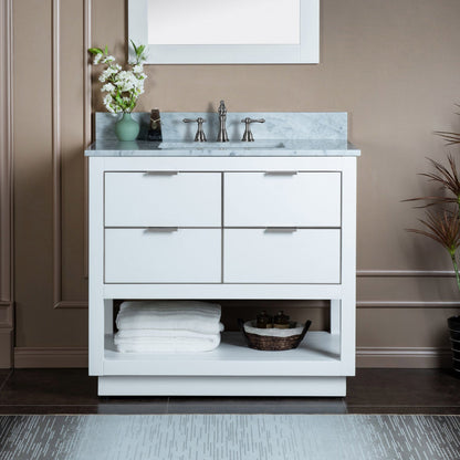 Woodbridge Venice 37" White and Brushed Nickel Solid Wood Vanity Base and Carrara Marble Top With 3 Pre-drilled Holes for 8" Widespread Faucet