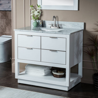 Woodbridge Venice 37" White and Brushed Nickel Trim Solid Wood Vanity Base and Carrara Marble Top With 3 Pre-Drilled Holes for 4" Centerset Faucet
