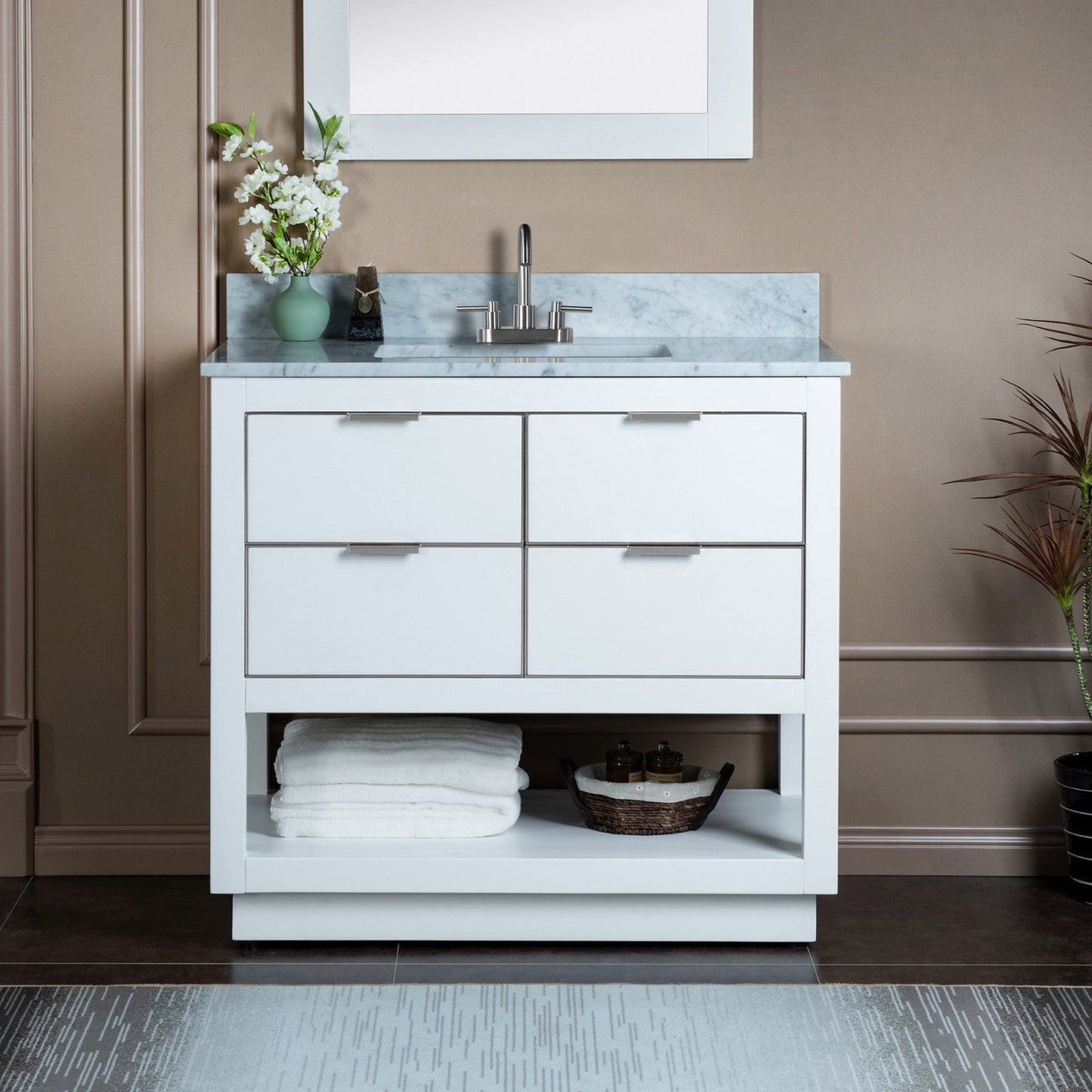 Woodbridge Venice 37" White and Brushed Nickel Trim Solid Wood Vanity Base and Carrara Marble Top With 3 Pre-Drilled Holes for 4" Centerset Faucet