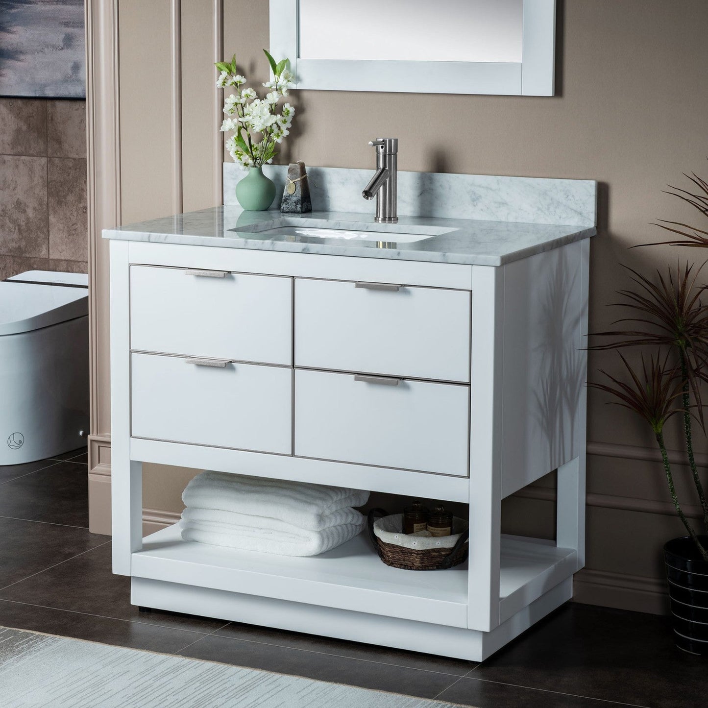 Woodbridge Venice 37" White and Brushed Nickel Trim Solid Wood Vanity Base and Carrara Marble Top With Pre-Drilled Single Hole Faucet