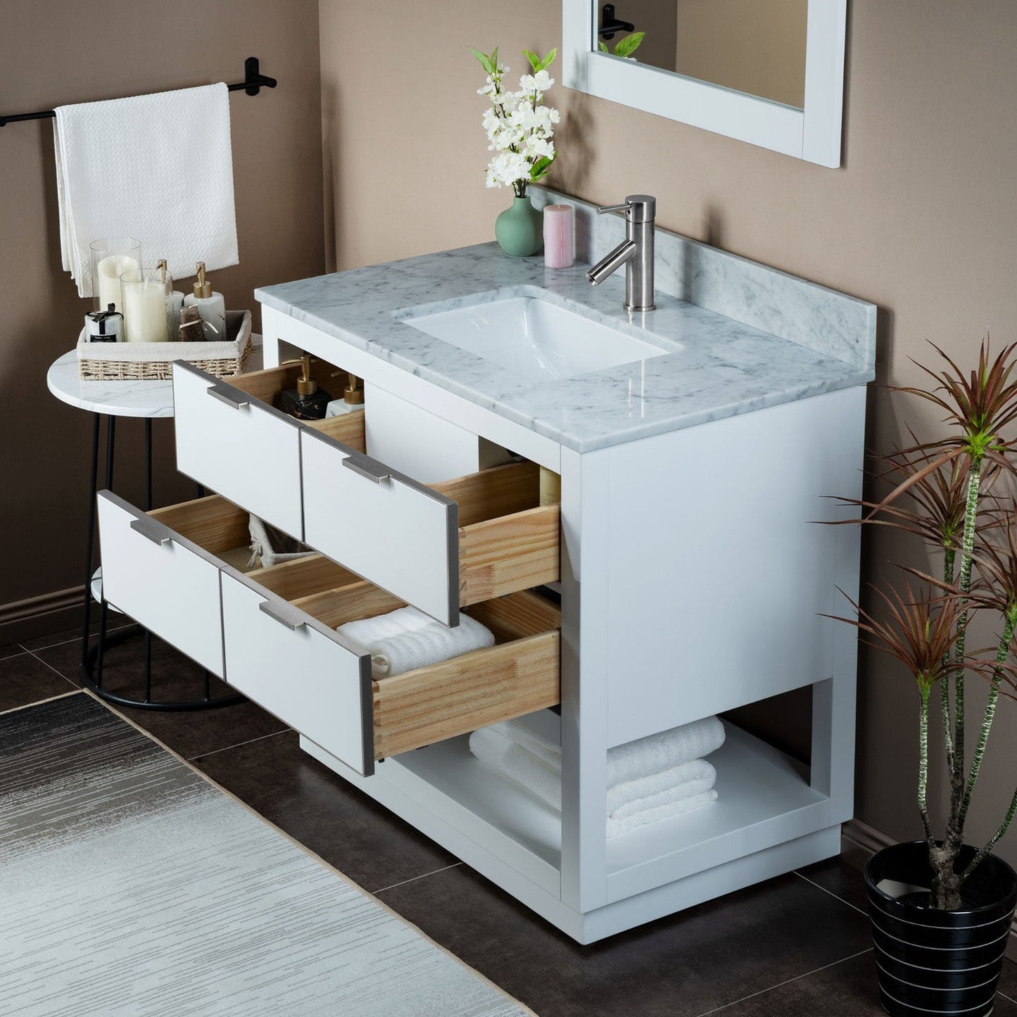 Woodbridge Venice 37" White and Brushed Nickel Trim Solid Wood Vanity Base and Carrara Marble Top With Pre-Drilled Single Hole Faucet