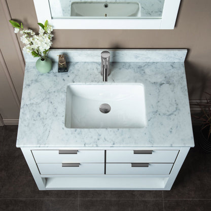 Woodbridge Venice 37" White and Brushed Nickel Trim Solid Wood Vanity Base and Carrara Marble Top With Pre-Drilled Single Hole Faucet