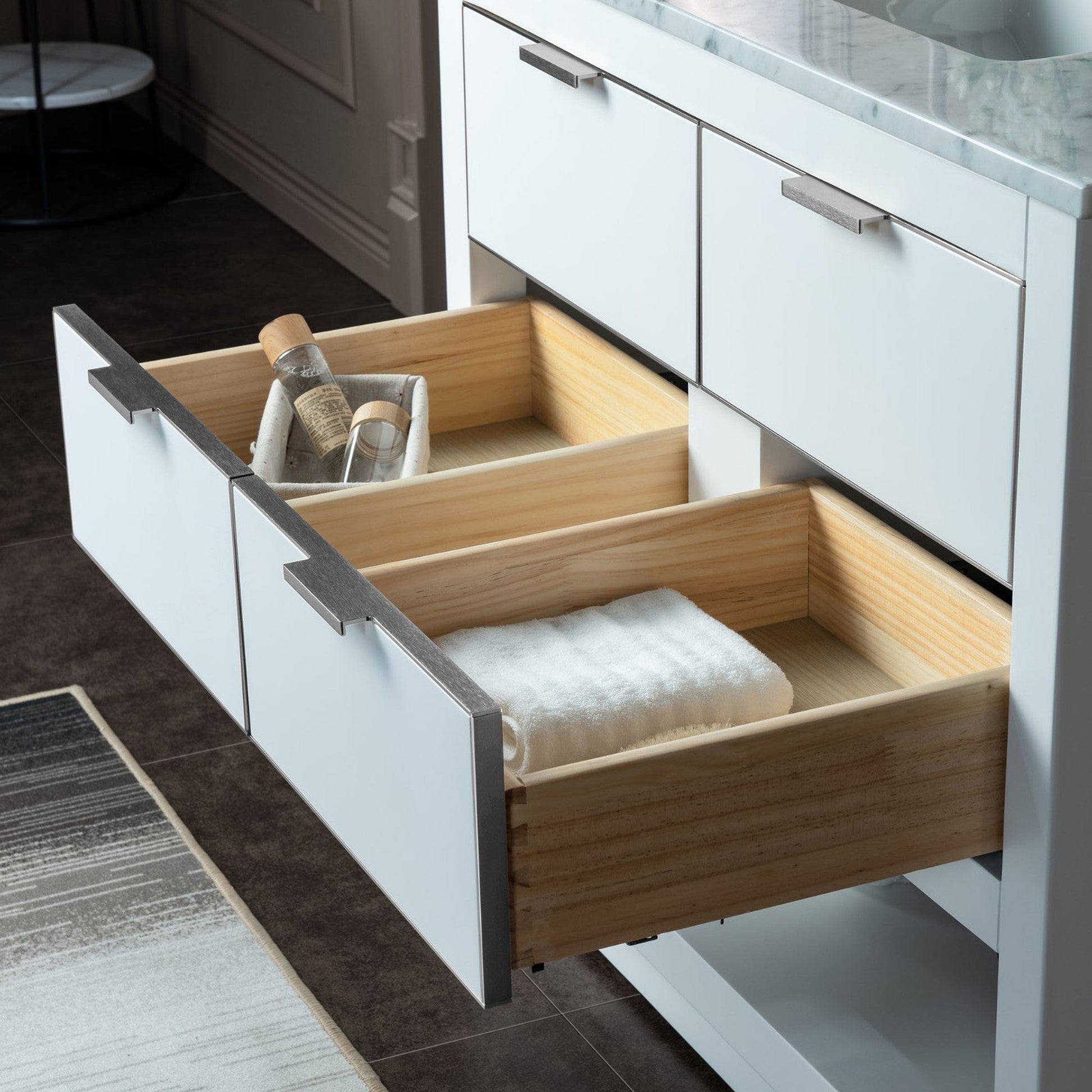 Woodbridge Venice 37" White and Brushed Nickel Trim Solid Wood Vanity Base and Carrara Marble Top With Pre-Drilled Single Hole Faucet