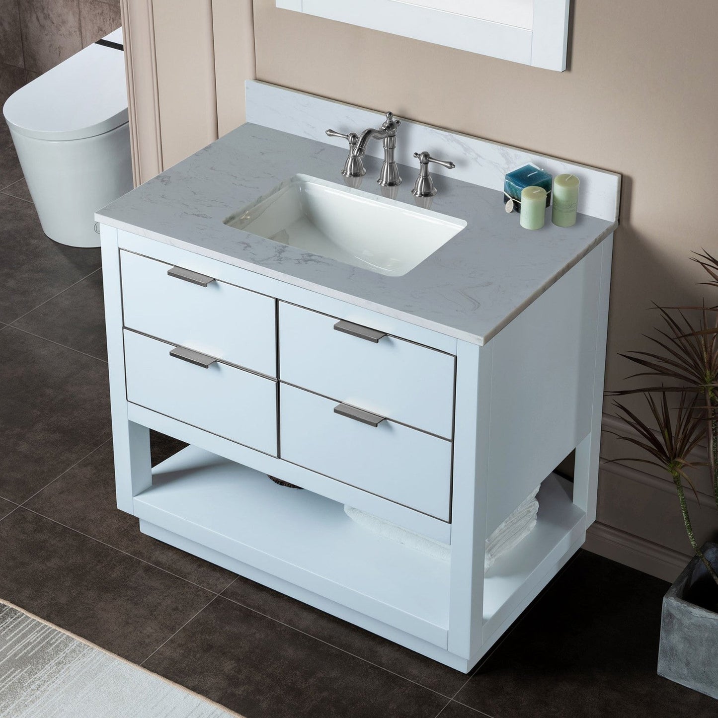 Woodbridge Venice 37" White and Brushed Nickel Trim Solid Wood Vanity Base and Carrara White Engineered Stone Top With 3 Pre-drilled Holes for 8" Widespread Faucet