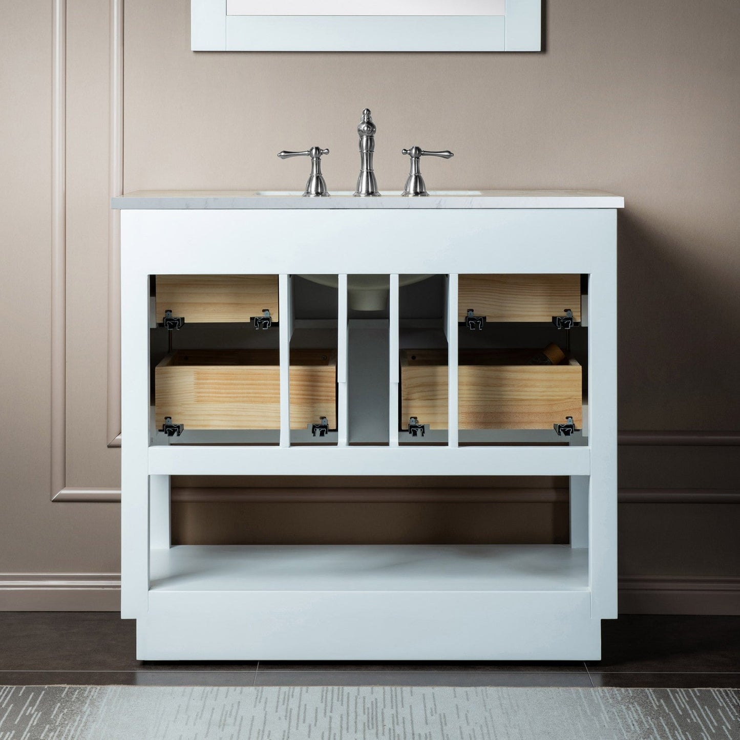 Woodbridge Venice 37" White and Brushed Nickel Trim Solid Wood Vanity Base and Carrara White Engineered Stone Top With 3 Pre-drilled Holes for 8" Widespread Faucet