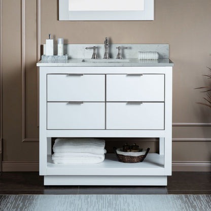 Woodbridge Venice 37" White and Brushed Nickel Trim Solid Wood Vanity Base and Carrara White Engineered Stone Top With 3 Pre-drilled Holes for 8" Widespread Faucet