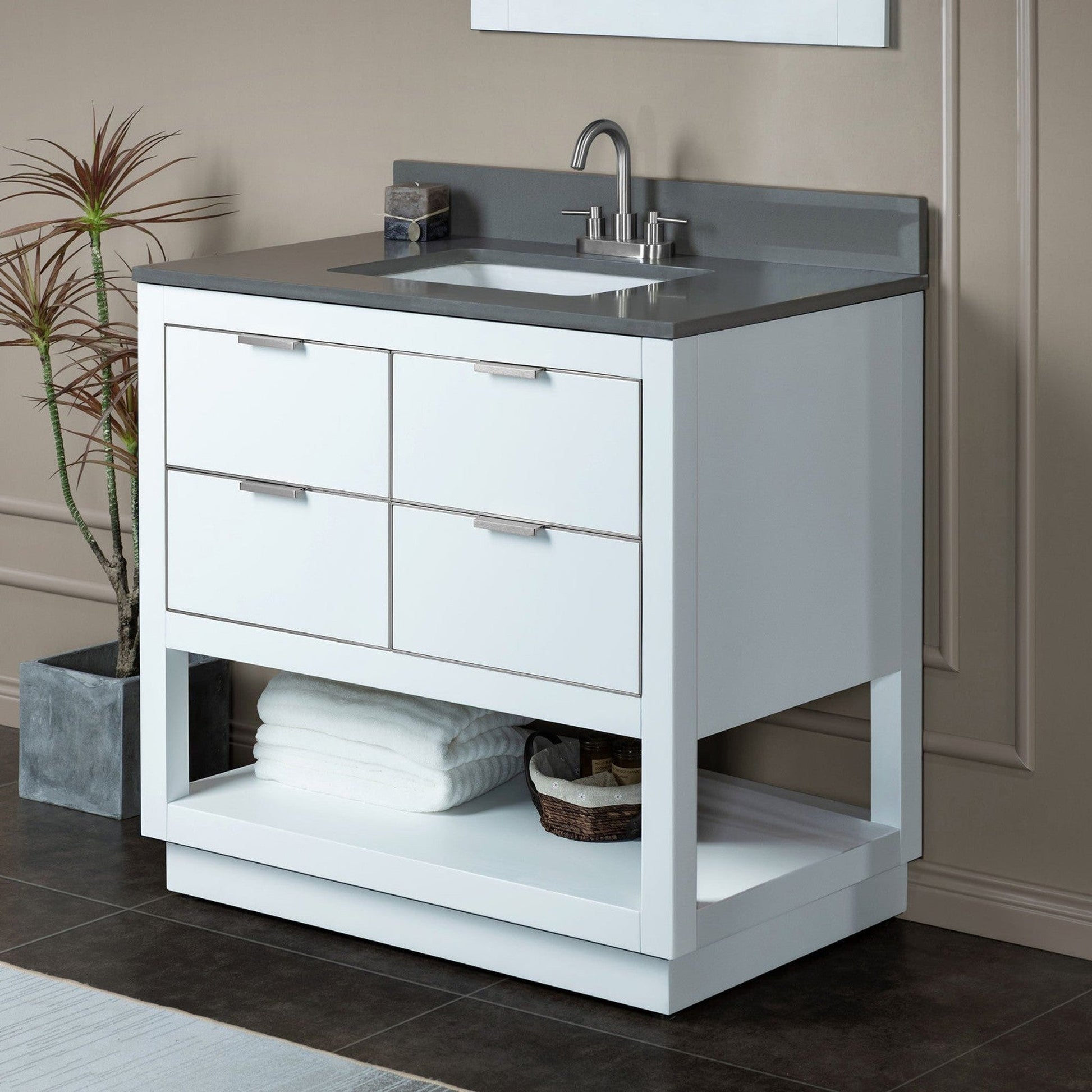 Woodbridge Venice 37" White and Brushed Nickel Trim Solid Wood Vanity Base and Dark Gray Engineered Stone Composite Top With 3 Pre-Drilled Holes for 4" Centerset Faucet
