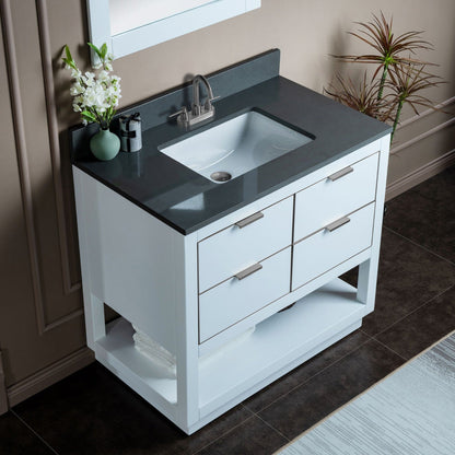 Woodbridge Venice 37" White and Brushed Nickel Trim Solid Wood Vanity Base and Dark Gray Engineered Stone Composite Top With 3 Pre-Drilled Holes for 4" Centerset Faucet
