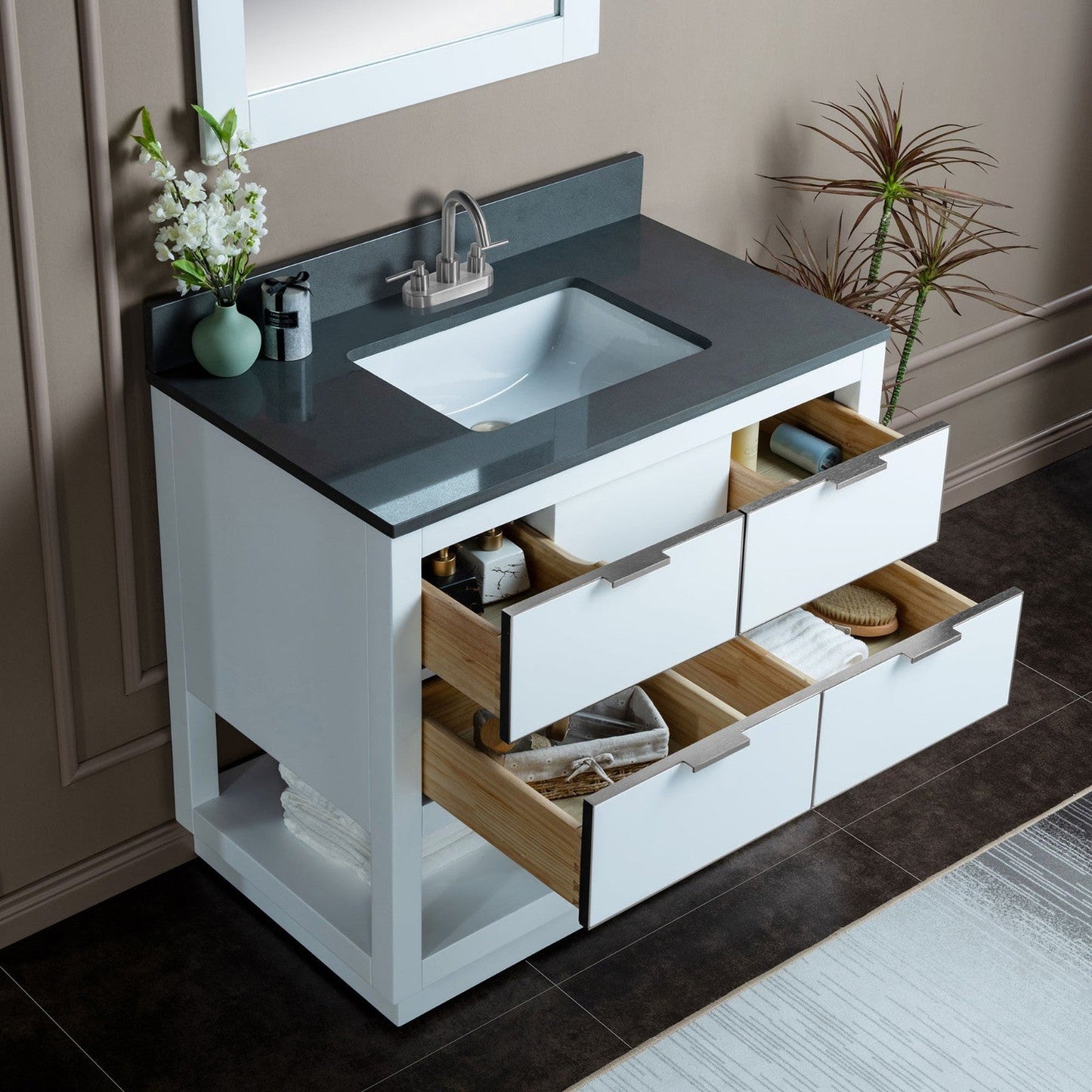Woodbridge Venice 37" White and Brushed Nickel Trim Solid Wood Vanity Base and Dark Gray Engineered Stone Composite Top With 3 Pre-Drilled Holes for 4" Centerset Faucet