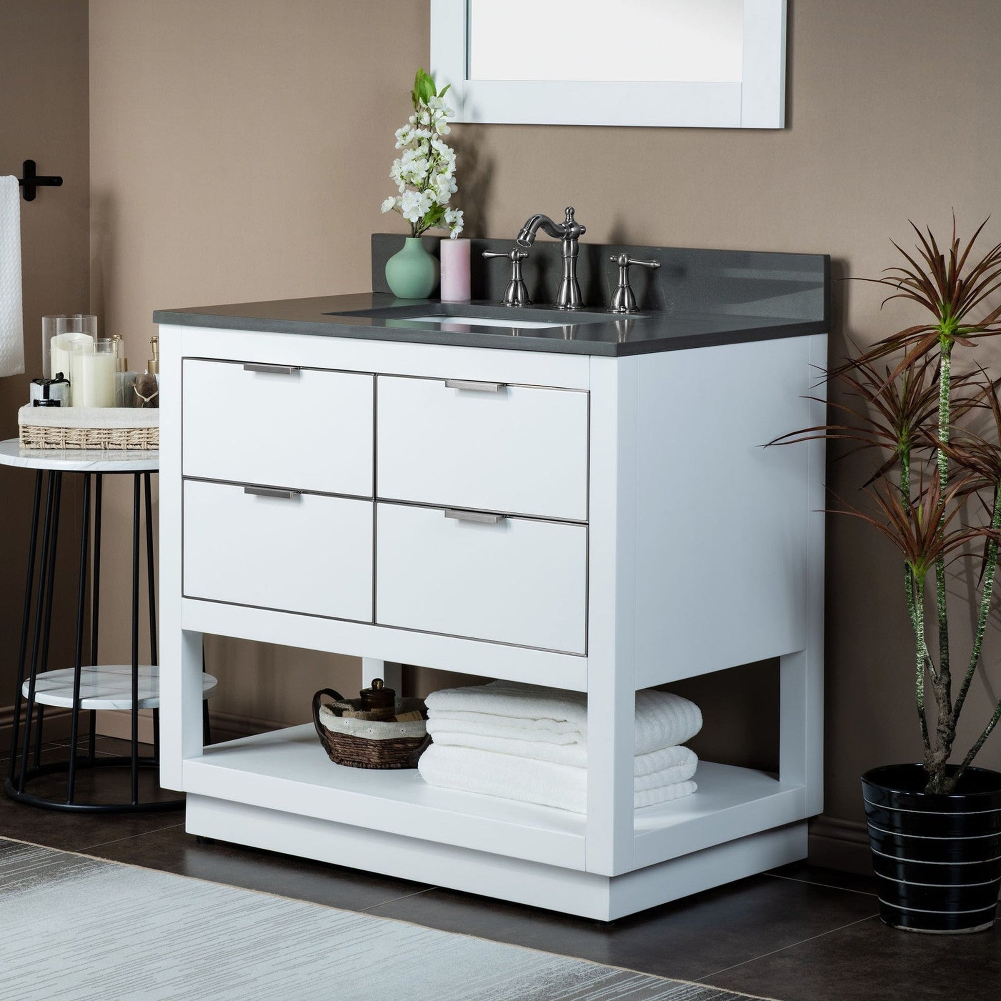 Woodbridge Venice 37" White and Brushed Nickel Trim Solid Wood Vanity Base and Dark Gray Engineered Stone Composite Top With 3 Pre-drilled Holes for 8" Widespread Faucet