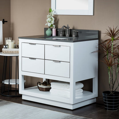 Woodbridge Venice 37" White and Brushed Nickel Trim Solid Wood Vanity Base and Dark Gray Engineered Stone Composite Top With 3 Pre-drilled Holes for 8" Widespread Faucet