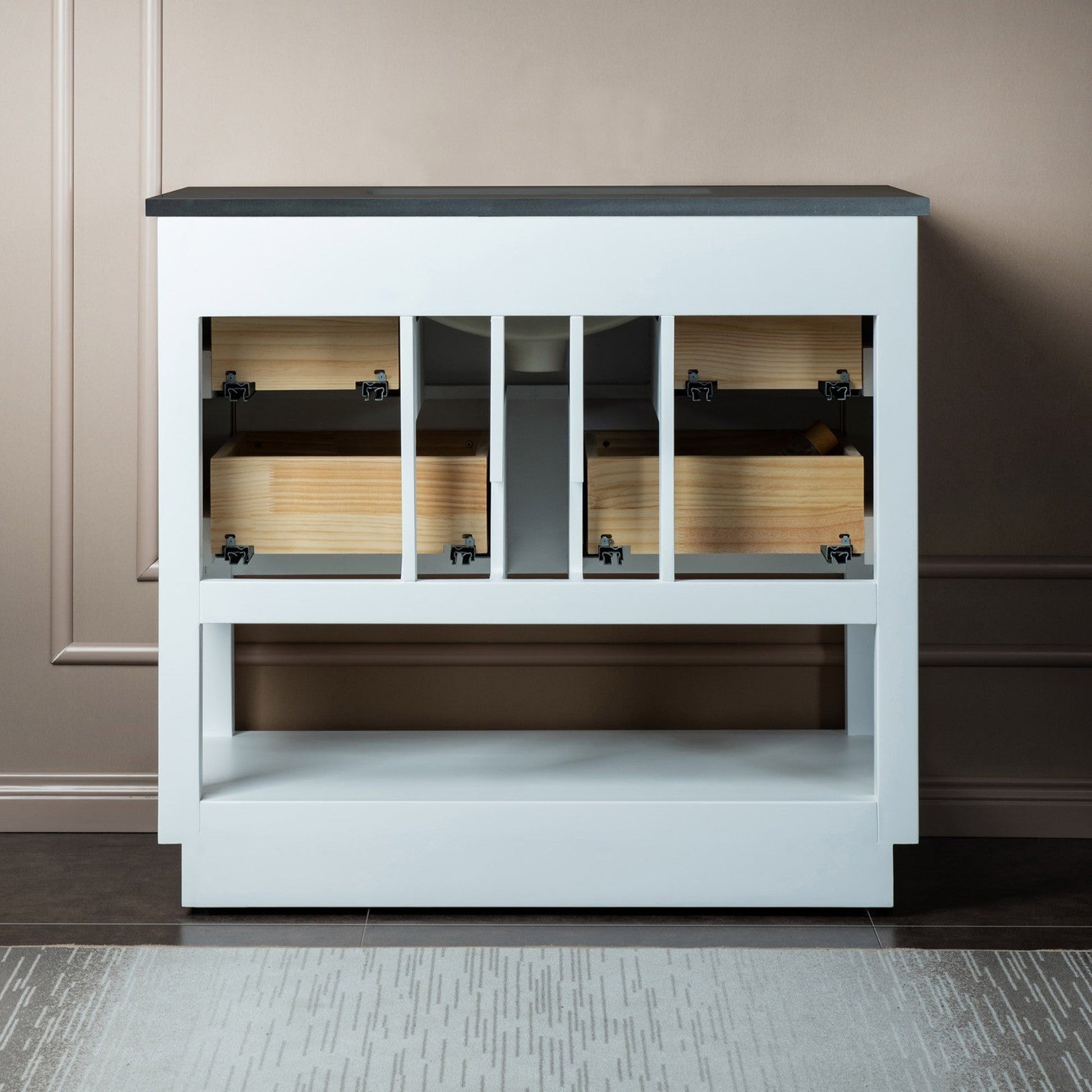 Woodbridge Venice 37" White and Brushed Nickel Trim Solid Wood Vanity Base and Dark Gray Engineered Stone Composite Top With 3 Pre-drilled Holes for 8" Widespread Faucet