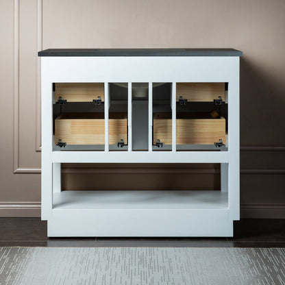 Woodbridge Venice 37" White and Brushed Nickel Trim Solid Wood Vanity Base and Dark Gray Engineered Stone Composite Top With 3 Pre-drilled Holes for 8" Widespread Faucet