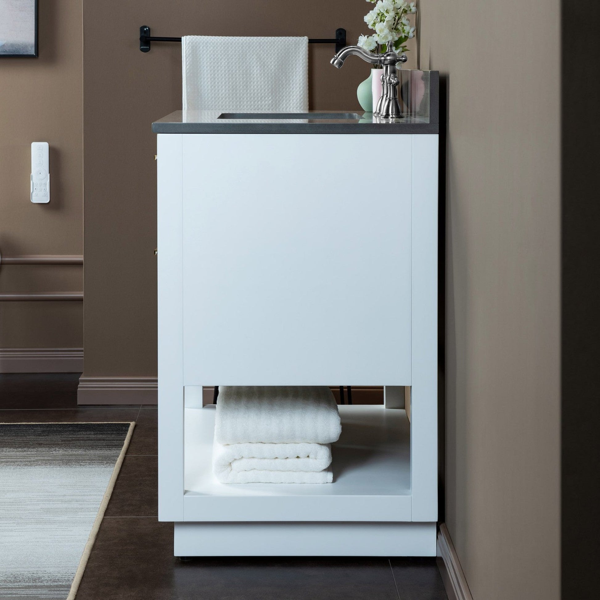 Woodbridge Venice 37" White and Brushed Nickel Trim Solid Wood Vanity Base and Dark Gray Engineered Stone Composite Top With 3 Pre-drilled Holes for 8" Widespread Faucet