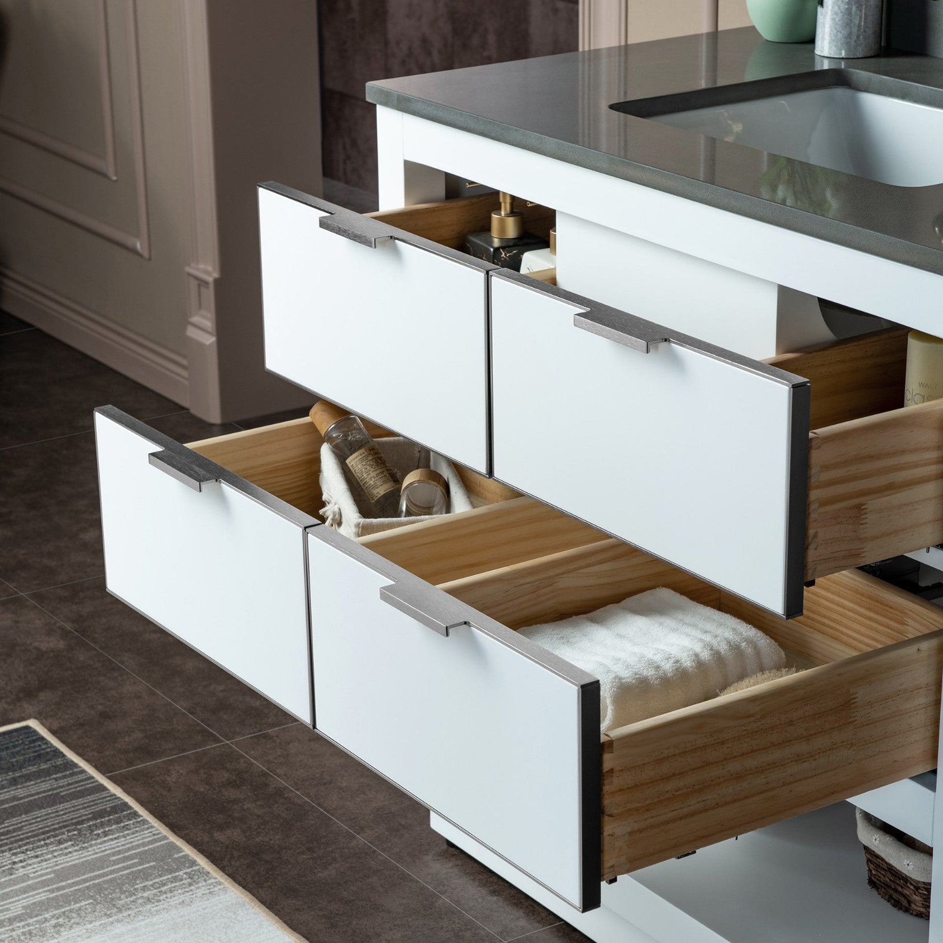 Woodbridge Venice 37" White and Brushed Nickel Trim Solid Wood Vanity Base and Dark Gray Engineered Stone Composite Top With 3 Pre-drilled Holes for 8" Widespread Faucet