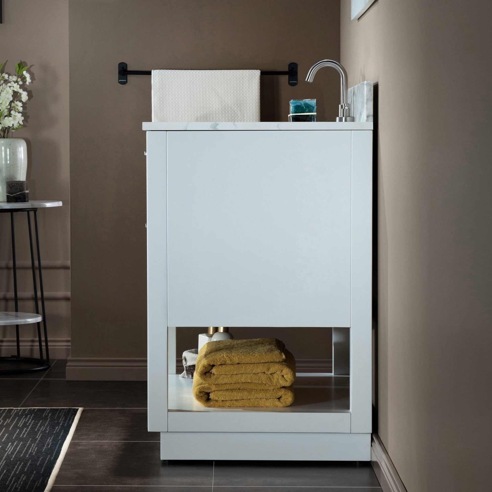 Woodbridge Venice 37" White and Brushed Nickel Trim Solid Wood Vanity Base and Fish Belly White Engineered Stone Composite Top With 3 Pre-Drilled Holes for 4" Centerset Faucet