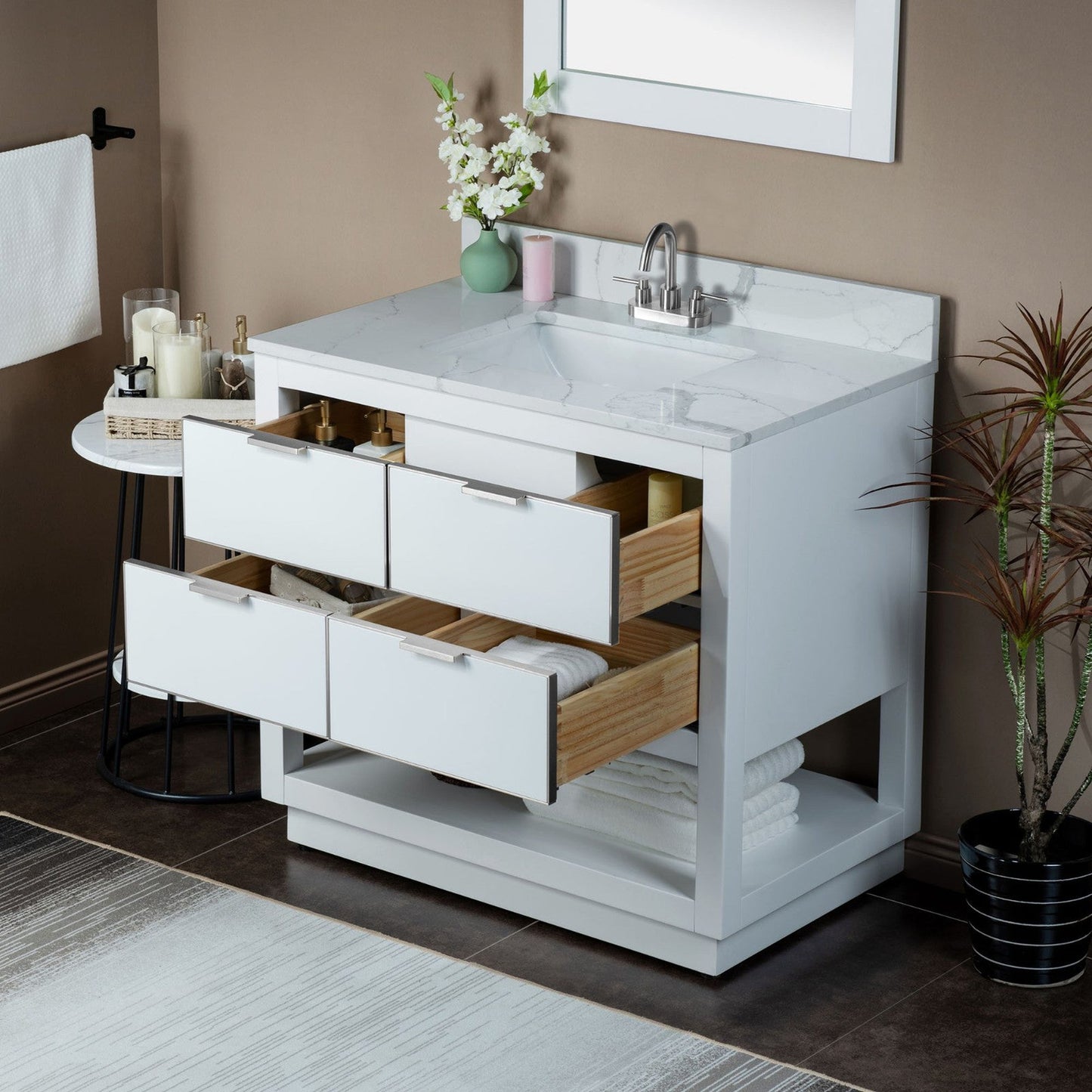 Woodbridge Venice 37" White and Brushed Nickel Trim Solid Wood Vanity Base and Fish Belly White Engineered Stone Composite Top With 3 Pre-Drilled Holes for 4" Centerset Faucet