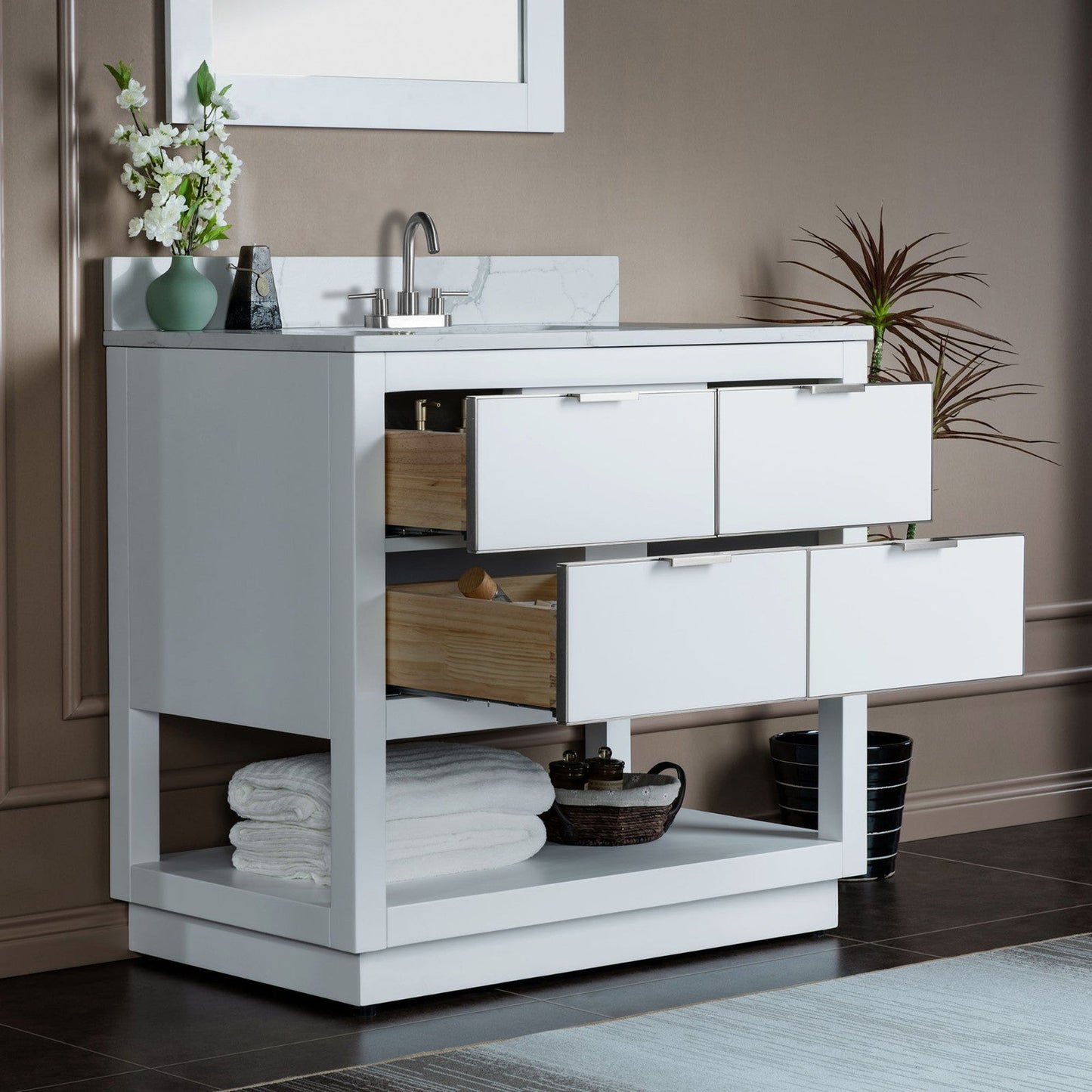 Woodbridge Venice 37" White and Brushed Nickel Trim Solid Wood Vanity Base and Fish Belly White Engineered Stone Composite Top With 3 Pre-Drilled Holes for 4" Centerset Faucet