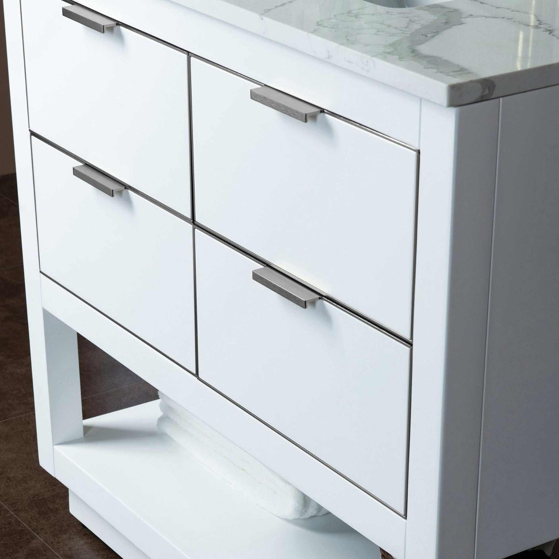 Woodbridge Venice 37" White and Brushed Nickel Trim Solid Wood Vanity Base and Fish Belly White Engineered Stone Composite Top With 3 Pre-Drilled Holes for 4" Centerset Faucet