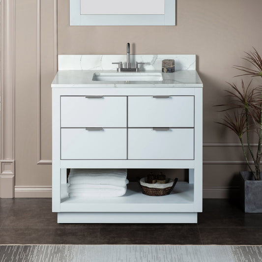 Woodbridge Venice 37" White and Brushed Nickel Trim Solid Wood Vanity Base and Fish Belly White Engineered Stone Composite Top With 3 Pre-Drilled Holes for 4" Centerset Faucet