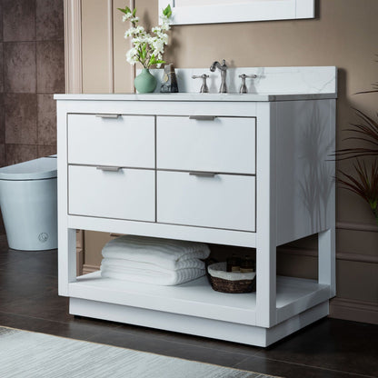 Woodbridge Venice 37" White and Brushed Nickel Trim Solid Wood Vanity Base and Fish Belly White Engineered Stone Composite Top With 3 Pre-drilled Holes for 8" Widespread Faucet