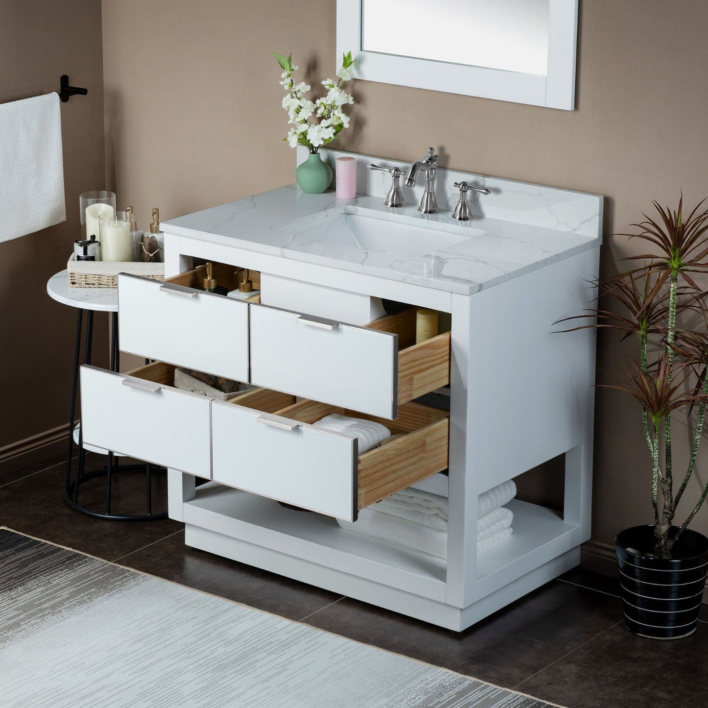 Woodbridge Venice 37" White and Brushed Nickel Trim Solid Wood Vanity Base and Fish Belly White Engineered Stone Composite Top With 3 Pre-drilled Holes for 8" Widespread Faucet