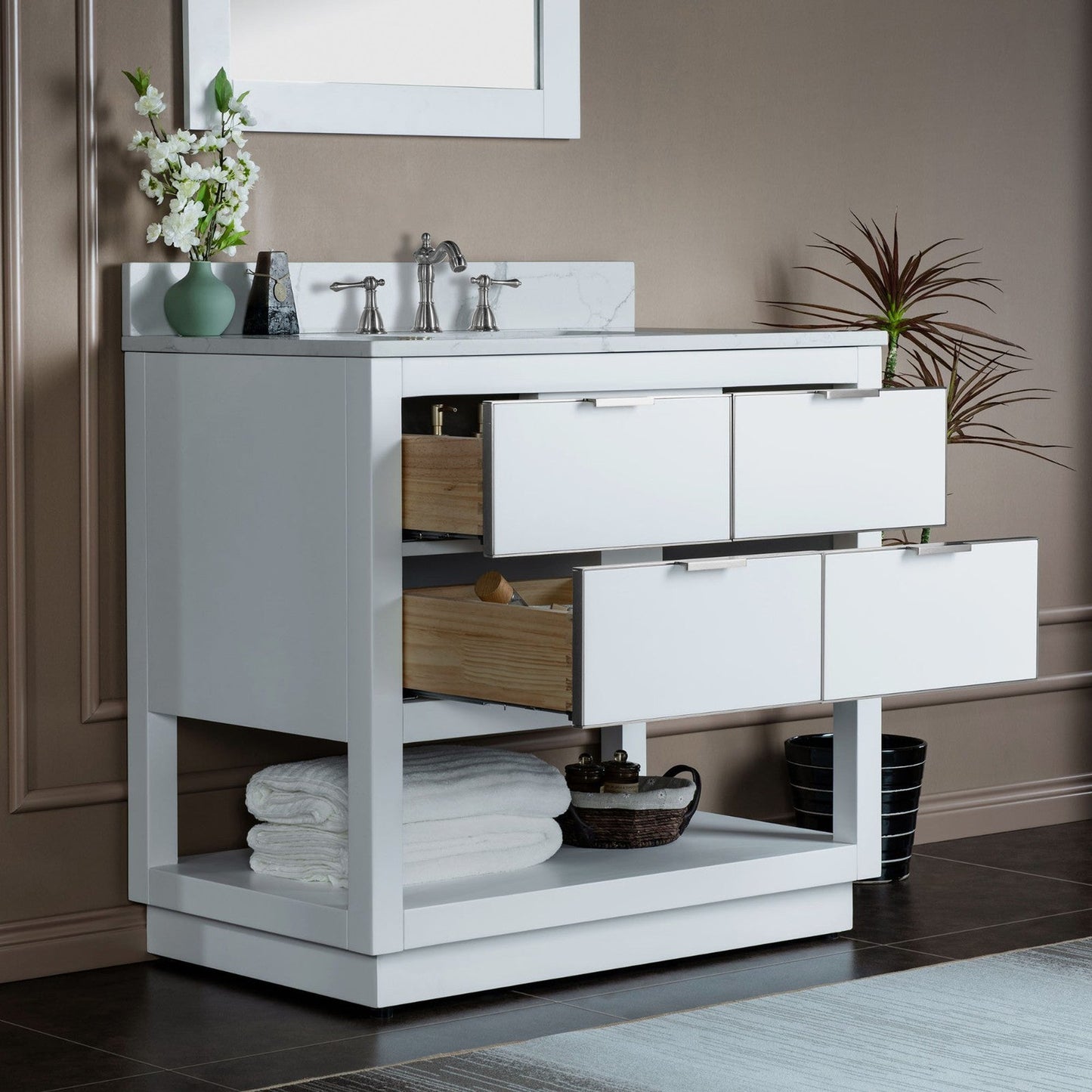 Woodbridge Venice 37" White and Brushed Nickel Trim Solid Wood Vanity Base and Fish Belly White Engineered Stone Composite Top With 3 Pre-drilled Holes for 8" Widespread Faucet