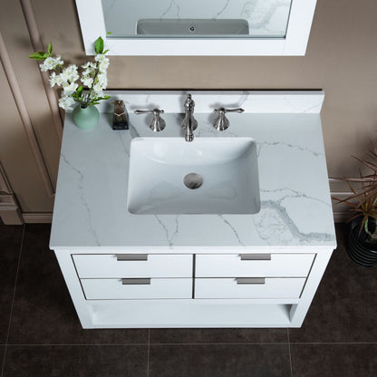 Woodbridge Venice 37" White and Brushed Nickel Trim Solid Wood Vanity Base and Fish Belly White Engineered Stone Composite Top With 3 Pre-drilled Holes for 8" Widespread Faucet