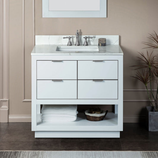 Woodbridge Venice 37" White and Brushed Nickel Trim Solid Wood Vanity Base and Fish Belly White Engineered Stone Composite Top With 3 Pre-drilled Holes for 8" Widespread Faucet