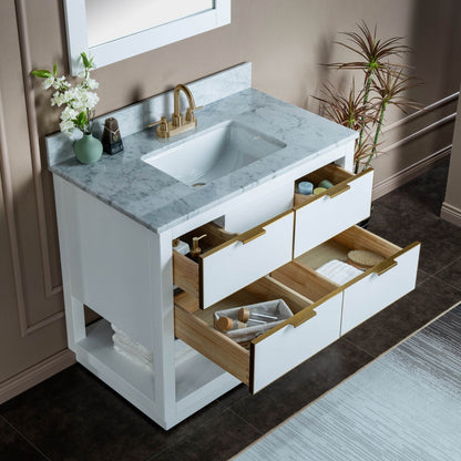 Woodbridge Venice 37" White and Gold Trim Solid Wood Vanity Base and Carrara Marble Top With 3 Pre-Drilled Holes for 4" Centerset Faucet