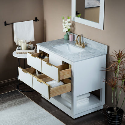 Woodbridge Venice 37" White and Gold Trim Solid Wood Vanity Base and Carrara Marble Top With 3 Pre-Drilled Holes for 4" Centerset Faucet