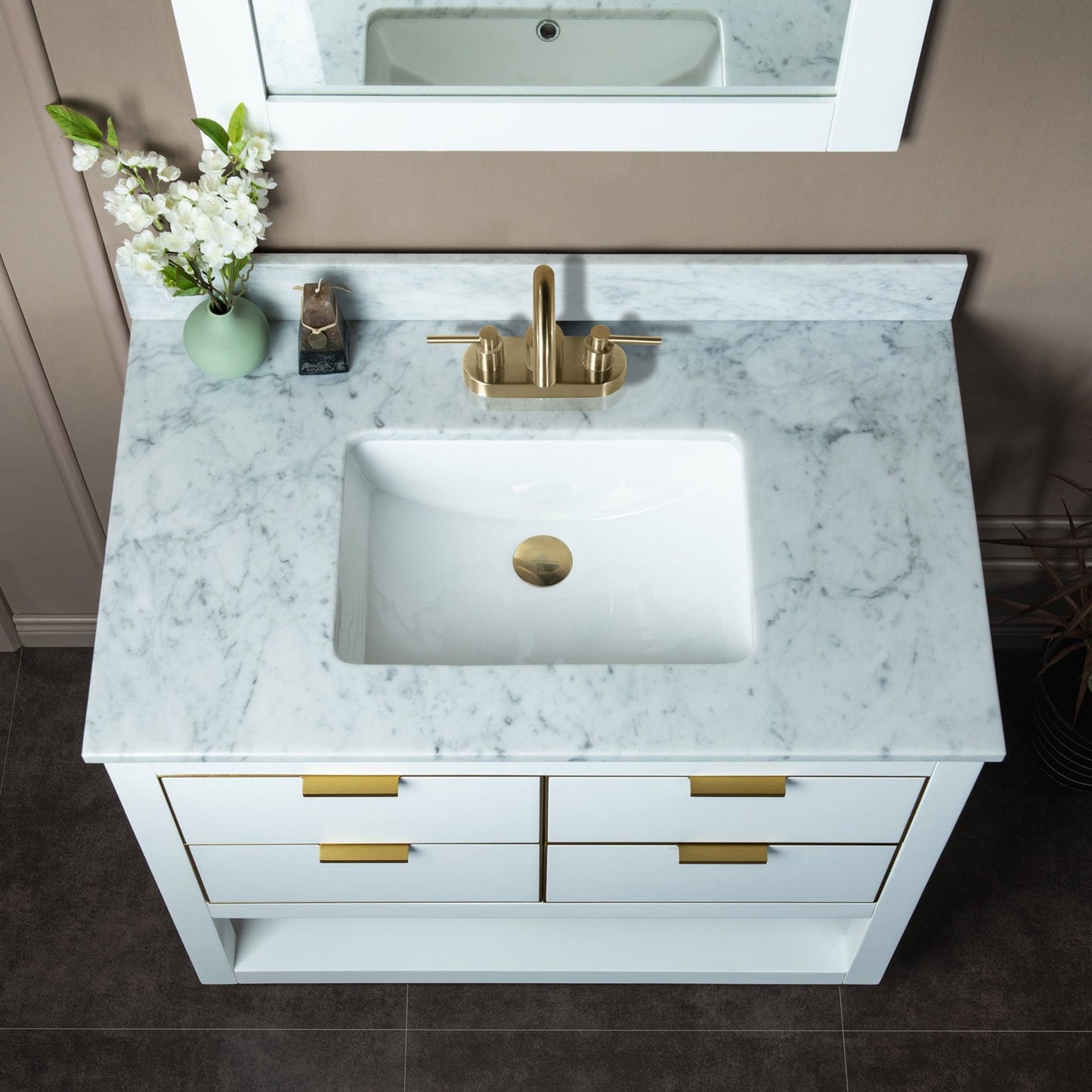 Woodbridge Venice 37" White and Gold Trim Solid Wood Vanity Base and Carrara Marble Top With 3 Pre-Drilled Holes for 4" Centerset Faucet